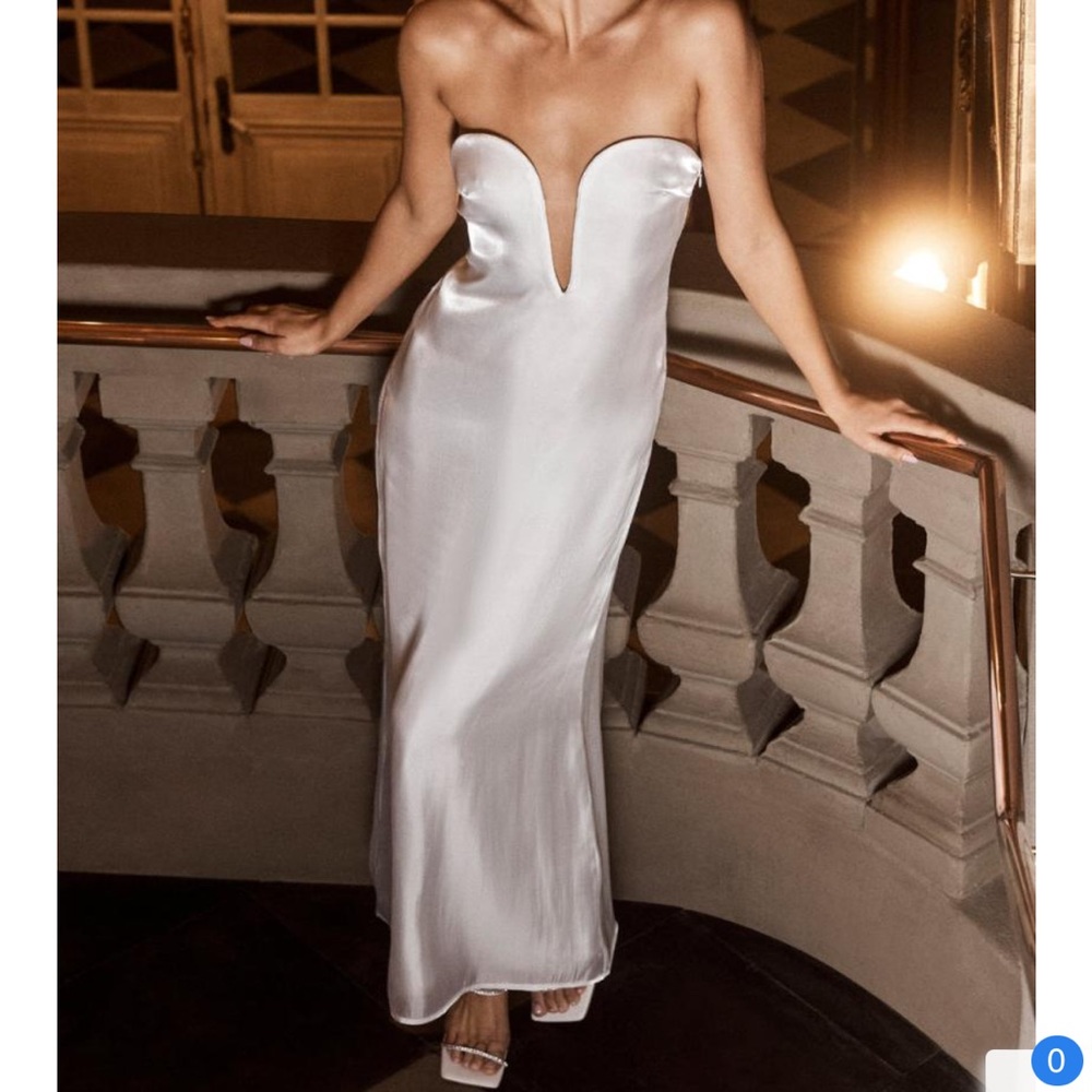 NWT Meshki Chantelle Liquid Satin Maxi Dress White Corset Plunge Black Tie